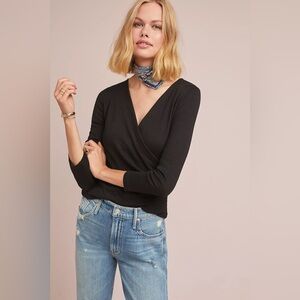 MICHAEL STARS SURPLICE JERSEY TOP RUCHED WAIST ANTHROPOLOGIE FITTED STRETCHY OS